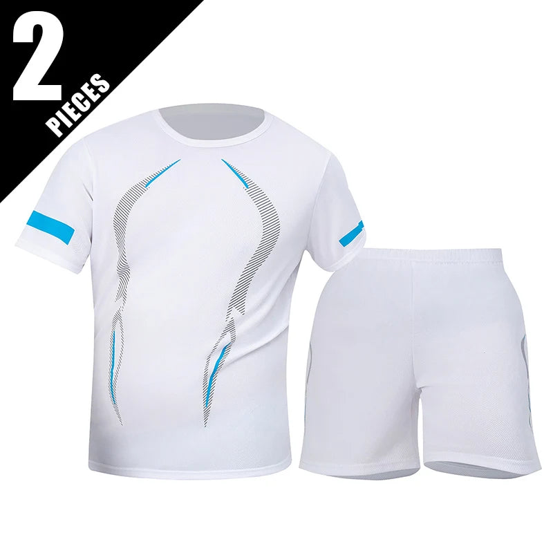 2-Piece Four Seasons Men's Short Sleeve Set Printed Quick Drying T-shirt for Youth Sports Fitness Running Comfortable and Casual