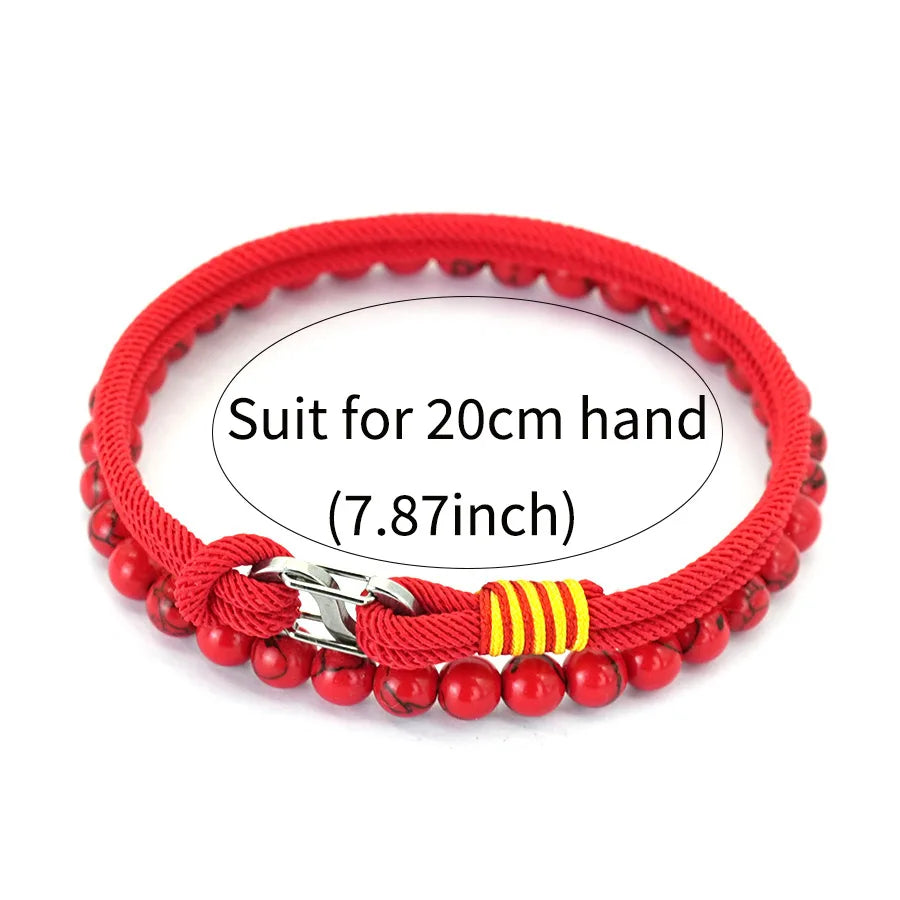 Business 2Pcs Luck Red Bracelet Set Men 6mm Stone Beads Handmade Nylon String Wristband Valentine Day Gift For Husband Jewelry