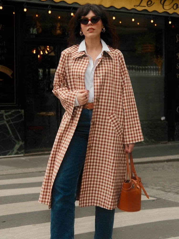 Women Red Plaid Long Trench Coat Casual Lapel Single Breasted Full Sleeve Windbreaker Jacket 2025 Autumn New Lady Streetwear