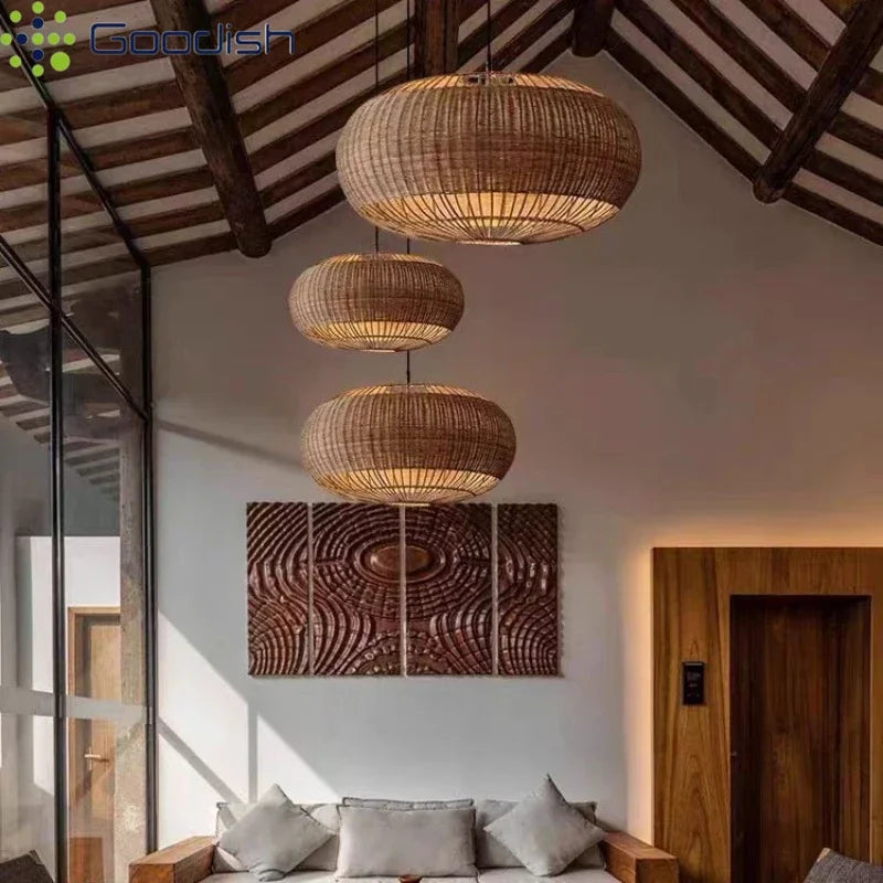 Industrial Vintage Art Creative Bamboo Woven Pumpkin LED Pendant Lights Lustre Lamps for Living Room Home Decoration Chandelier