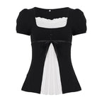 [RUOKE] Casual Y2K Contrast Color Top Women Spring Summer Square Neck Puff Sleeve Bow Slim A-line Babydoll Blouse Sweet Coquette
