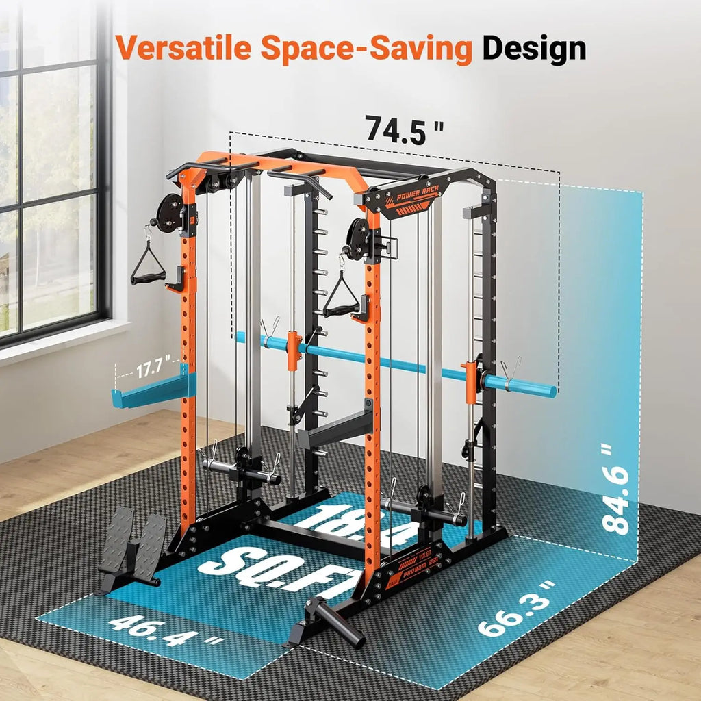 Smith Machine & Squat Rack Combo, Multi-Functional Power Racks with Adjustable Width & Pull-Up Bar, Cable Crossover, Customized
