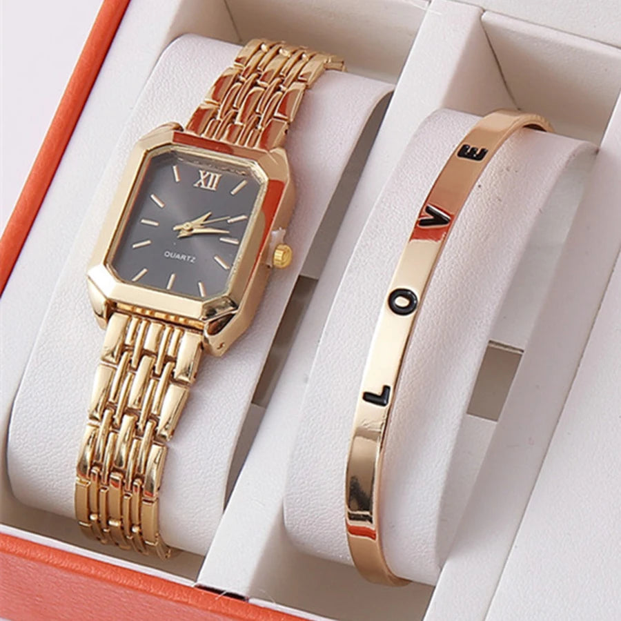 2pcs/set Luxury Women's Quartz Watch with LOVE Bracelet Watch Set Fashion Alloy Band Business Ladies Watches Female Clock Gifts