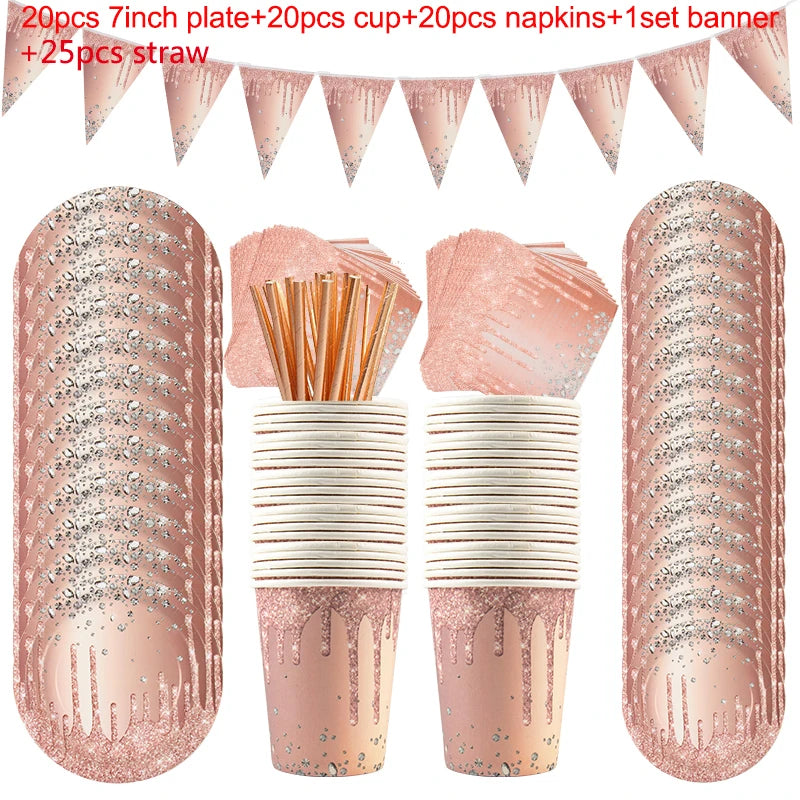Rose Gold Disposable Tableware Diamond Pattern Paper Cups Plates Straws Table Decoration Wedding Birthday Party Supplies