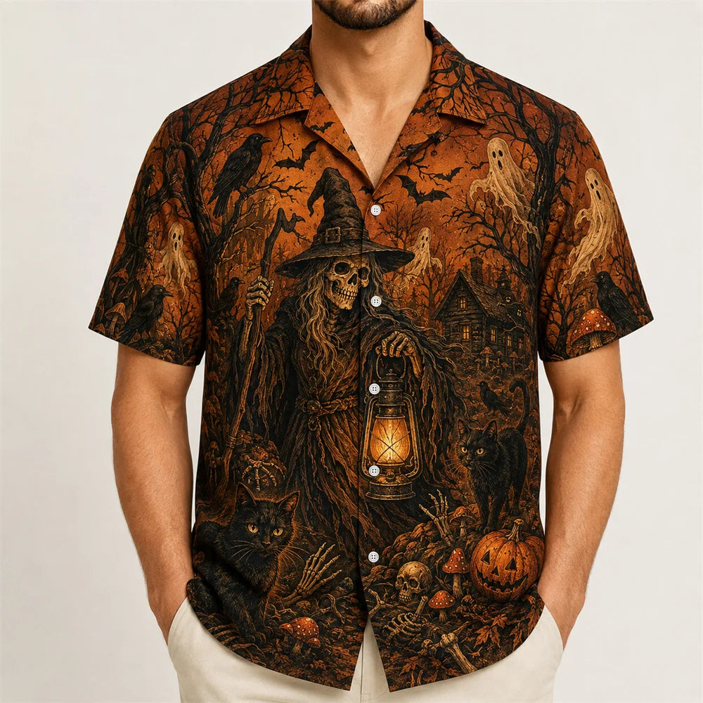 Halloween Pumpkin Reaper Shirt For Men 3D Print Jack O Lantern Short Sleeve Shirt Scary Graveyard Horror Party Costume 2026 New