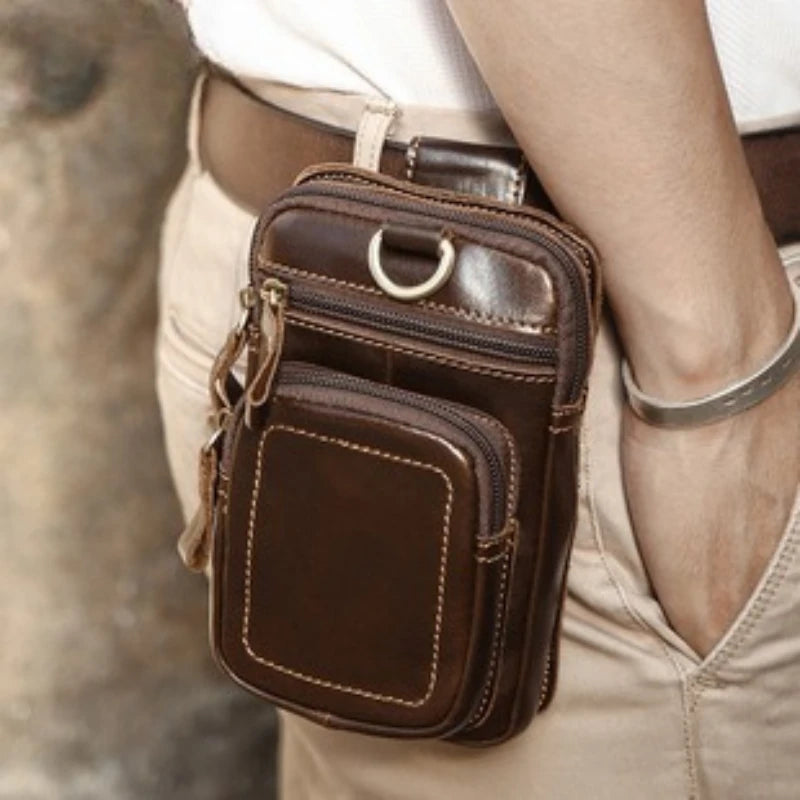 Men's Genuine Leather Retro Mobile Phone Bag Fanny Pack Sports Tactical Belt Pouch Waist Pack Hip Sack