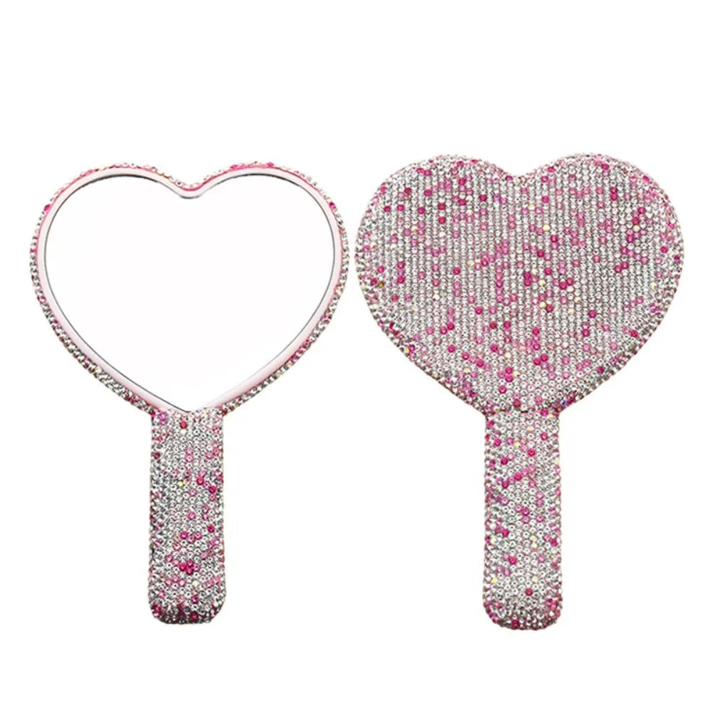 Cute Rhinestone Makeup Mirror Round Square Heart Shape Shiny Bling Cosmetic Hand Mirror Portable with Handle Handheld Mirror