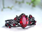 Two-piece Set Classic Gun Black Rose Branches Ring Women's Vintage Inlaid Red Cubic Zircon Finger Rings Fashion wedding Jewelry