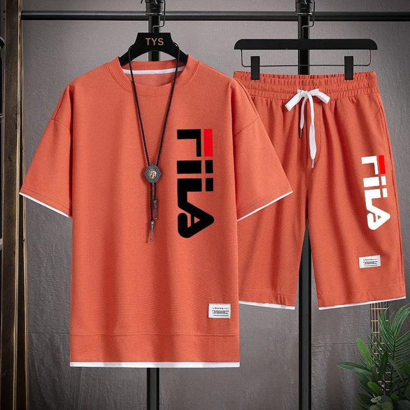 2026 Summer Men's Sports Set Casual T-shirt+Shorts Set Waffle Fashion Short Sleeve Shorts Two sets of Sports Set Loose Set