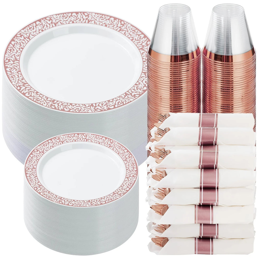 350pcs Rose Golden Plastic Dinnerware Set for 50 Guests, DISPOSABLE Lace Plates for Party, Include: 50 Rose Golden Party Plates, 50 Dessert Plates, 50 Pre Napkins with Silverware, 50 Cups
