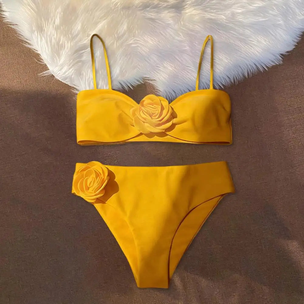 New Women Bikini Set 3D Flower Decor Adjustable Straps Tube Top Bikini Bra High Waist Swimming Trunks Set Sexy Beach Swimwear