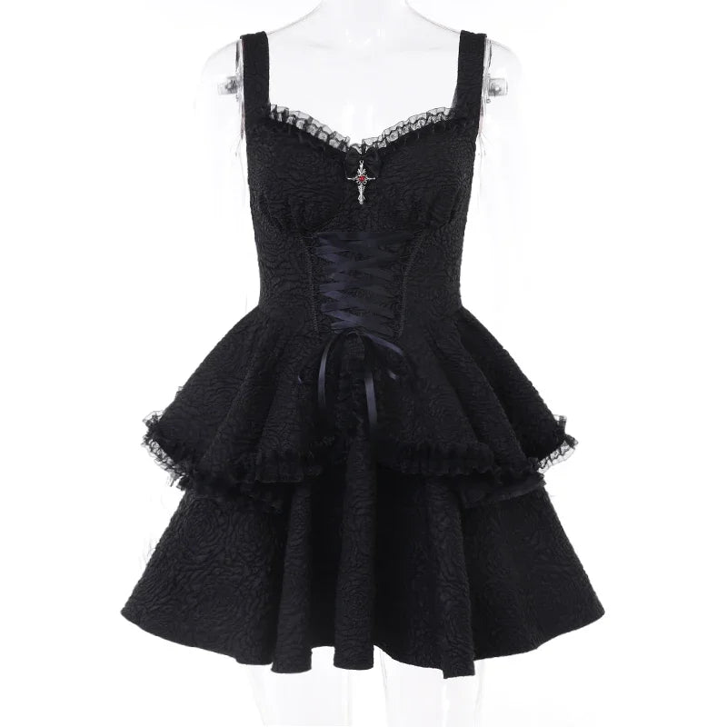 Y2K Elegant Black Sleeveless Lace Trim Party Dresses Vintage Goth Bandage A-Line Short Dresses Women Fashion Summer Dresses