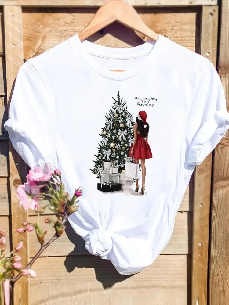 Merry Christmas New Year Holiday Graphic T Tee Fashion Cat Tree Lovely 90s Cute Harajuku Kawaii T-shirt Women's Y2K Clothing