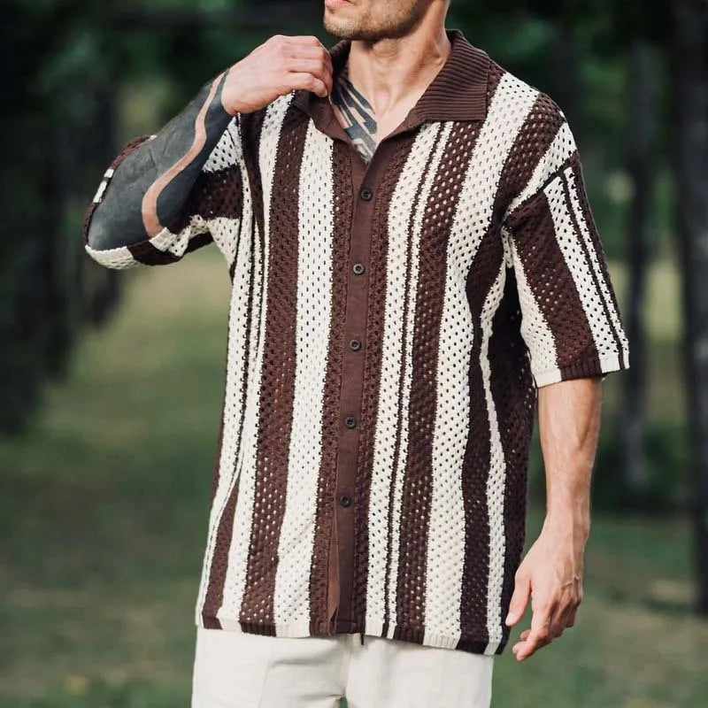 Contrast Color Striped Crochet Shirts Mens Vintage Turn-down Collar Buttoned Cardigan Tops Men Summer Daily Casual Knitted Shirt