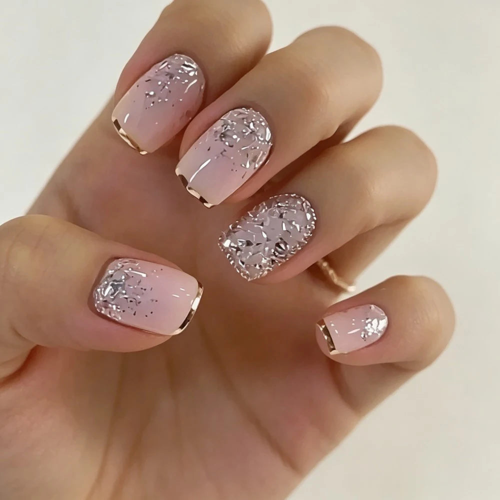 Medium Square Fake Nails for Women Girls White Pink Nail Tips with Golden Silver Sparkling Glitters Frame Design Press On Nail