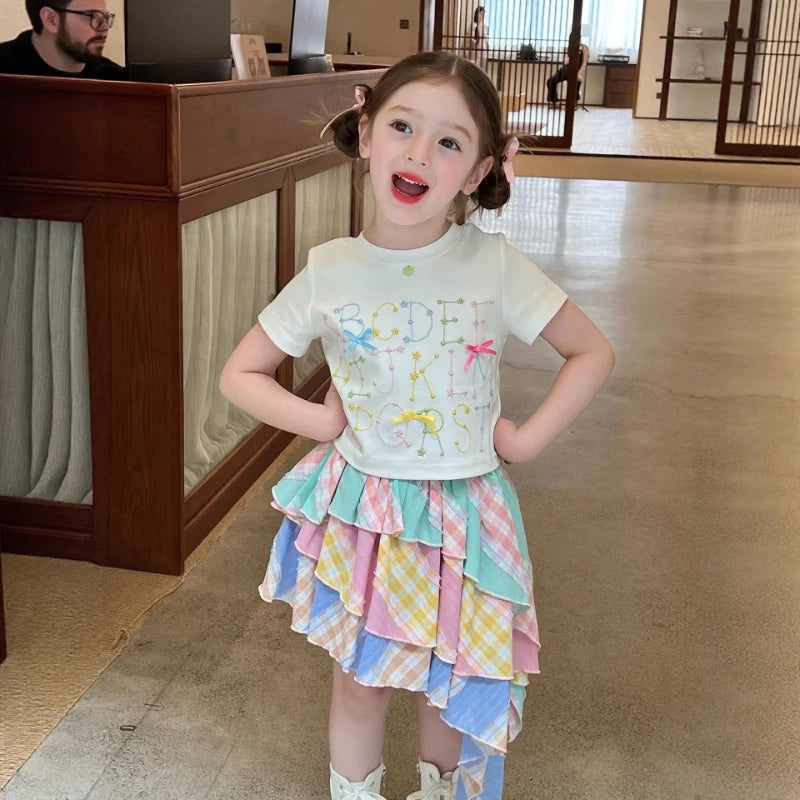 Sweet Two-piece Set for Girls 2026 Summer New Design Multi-color Striped T-shirt and Irregular Skirt