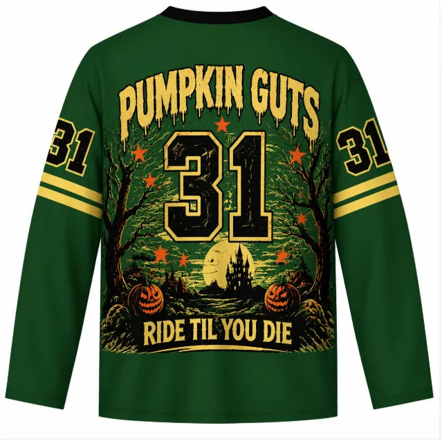 Pumpkin Guts Halloween V-Neck Long Sleeve Jersey Men Vintage Pumpkin Monster Graphic Shirt Green Streetwear Tops
