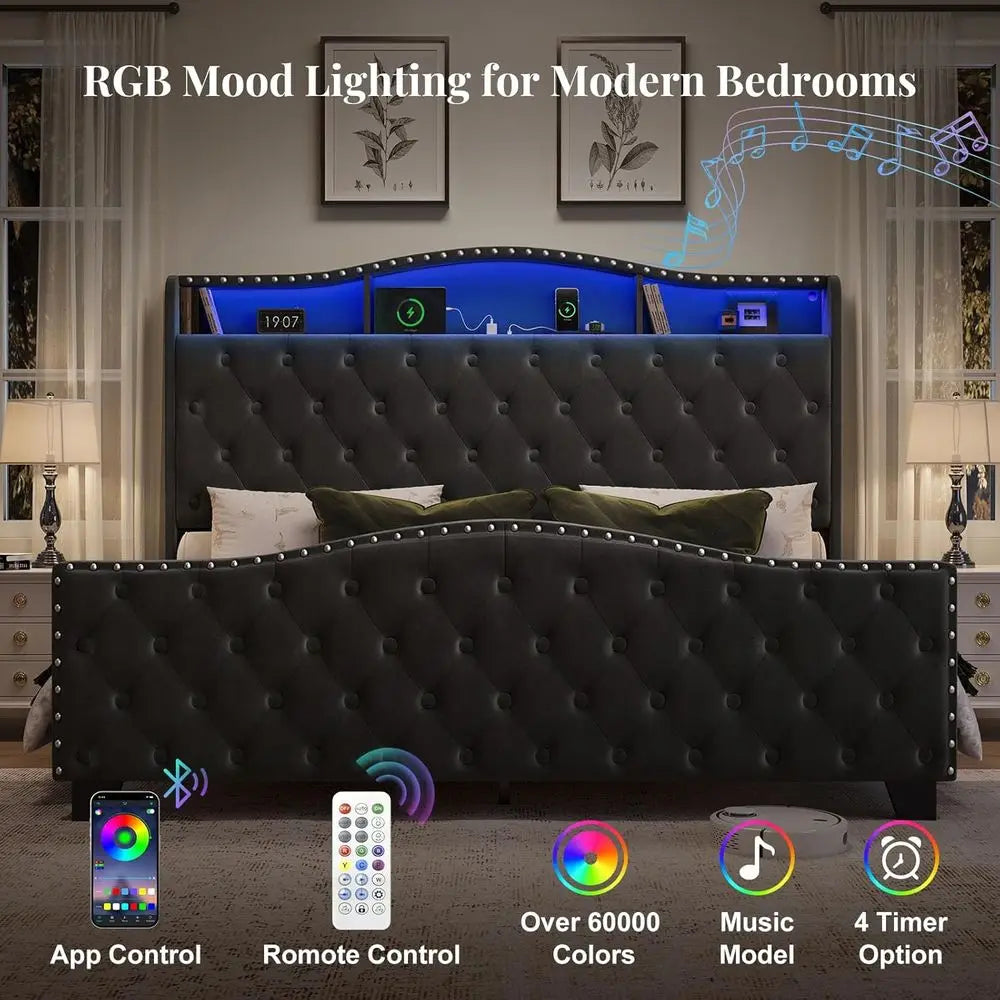 Belin King Size Bed e and board, 50.9" Velvet Upholstered Wingback Bede with LED Lights & Storage/Charging Station, Button Tuted