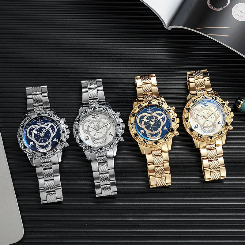 Luxury Men's Quartz Watch Classic Business Men Wristwatch Large Dial Alloy Steel Strip Blue Light Three Eye Men's Quartz Watch
