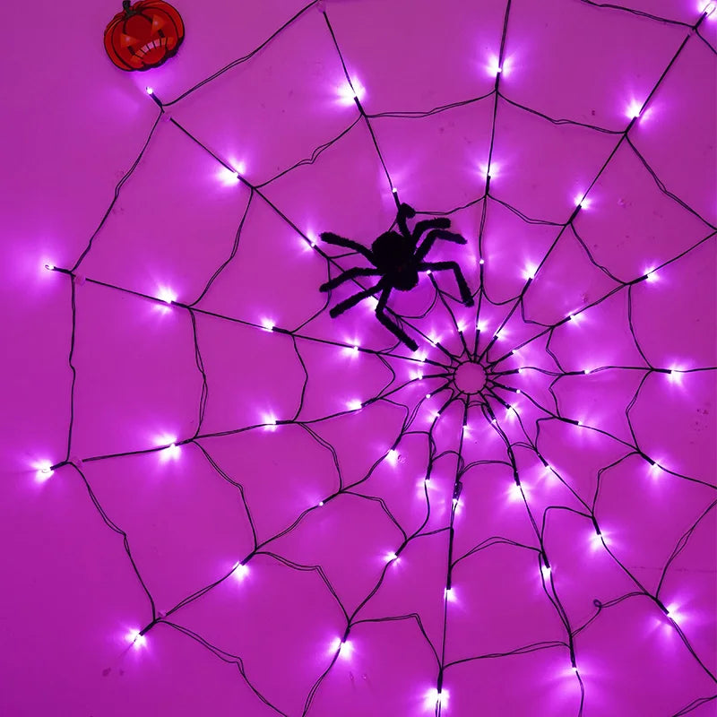 Giant Luminous LED Spider Web String Lights with Plush Spider, Creepy and Spooky Window Haunted Halloween Decorations