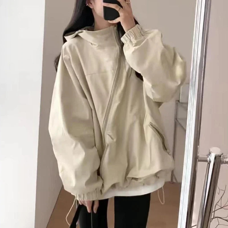 Women Hooded Jackets Diagonal Zipper Design Vintage Autumn Baggy Fashion BF Style Outdoor Chaqueta Mujer Leisure All-match Lady