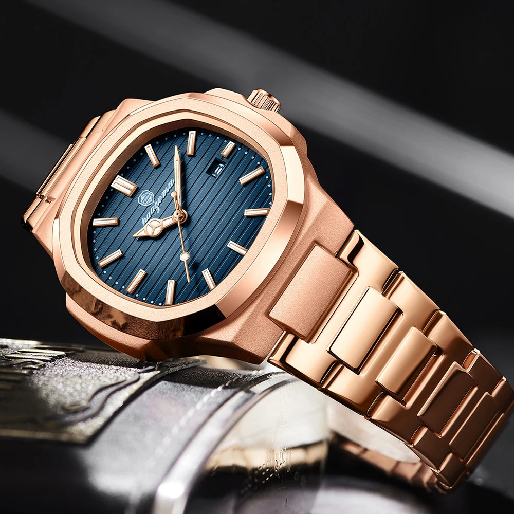 Business Men's Rose Gold Blue Striped Dial Watch Stainless Steel Strap Calendar Waterproof Quartz Sports Watch Birthday Gift
