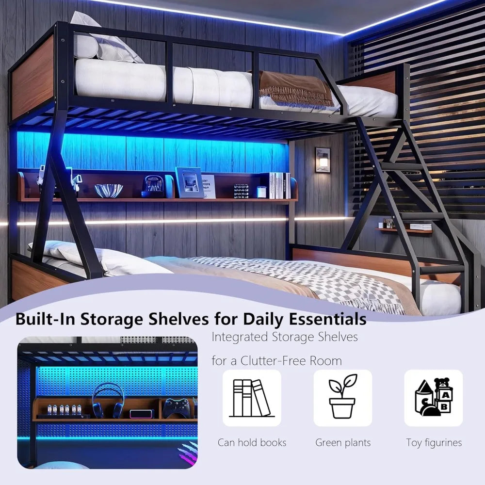 Queen Over King Bunk Bed w/ Storage Shelves, Metal Frame, LED Lights, Heavy Duty, No Box Spring, Black