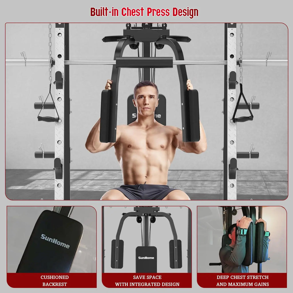 Smith Machine, Power Cage Squat Rack with Smith Bar, LAT Pull-Down Systems, Cable Crossover Machine and Cable, Customized