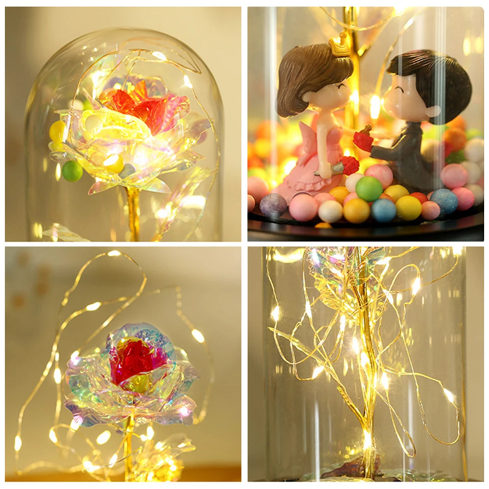 Eternal Rose Artificial flower Glass Cover Decoration LED Light Foil Flower In Glass Cover Wedding Valentine's Day Mother's Gift