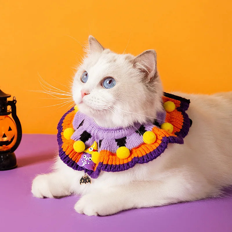 Cat Collar Halloween Costumes for Cats Puppies Knit Witch Hat Neck Piece for Halloween Party Decoration Funny Pumpkin Hat Set