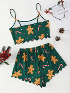 Christmas Clothes Cute Soft Gingerbread Print 2 Pieces Pajama Set Women's Sleepwear Crop Tops and Shorts Sets Loungewear