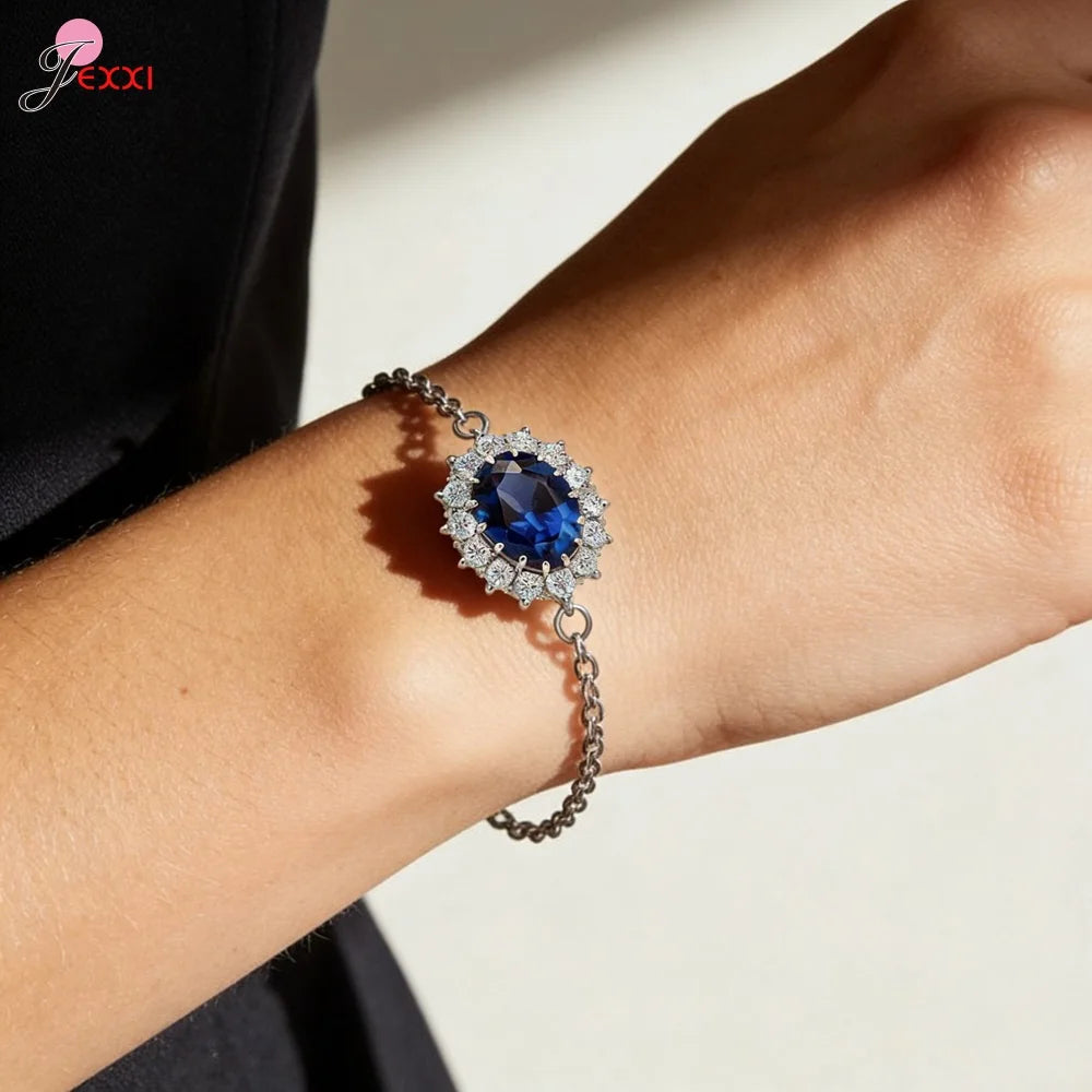 4Pcs Luxury Jewelry Set For Women Oval Cut Red Blue Purple Green Zircon Necklace Earrings Bracelet Ring 925 Silver Fashion Gift