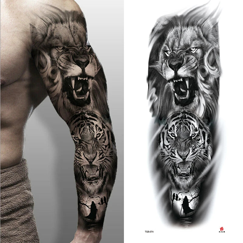 Waterproof Full Arm Temporary Tattoo Sticker Tiger Lion Wolf Eye For Man Women Body Art Sleeve Flash Fake Shoulder Tatoo