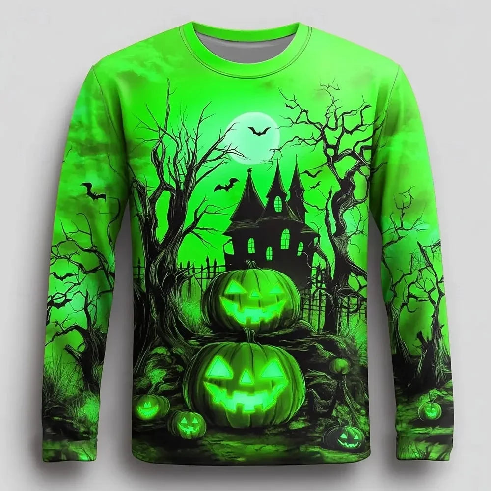 2026 New Autumn and Winter Men's Halloween scarecrow Pumpkin Full Print Round Neck Hoodie Horror Forest Moon Bat Long Sleeved Tr