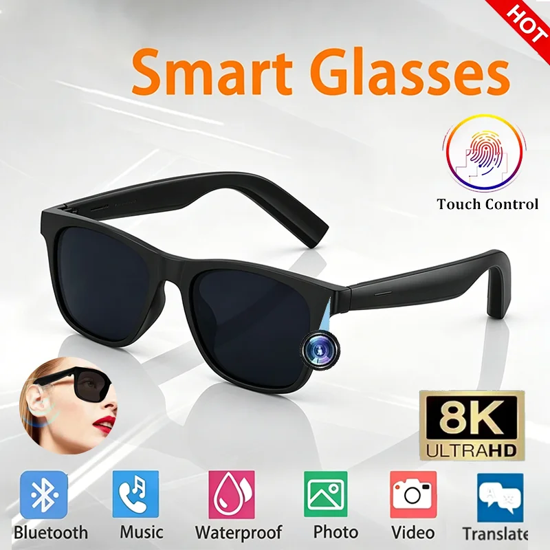 8K Camera AI Smart Glasses Touch Control Photo Recording Translator Voice Assistant Music Wireless Bluetooth Sunglasses