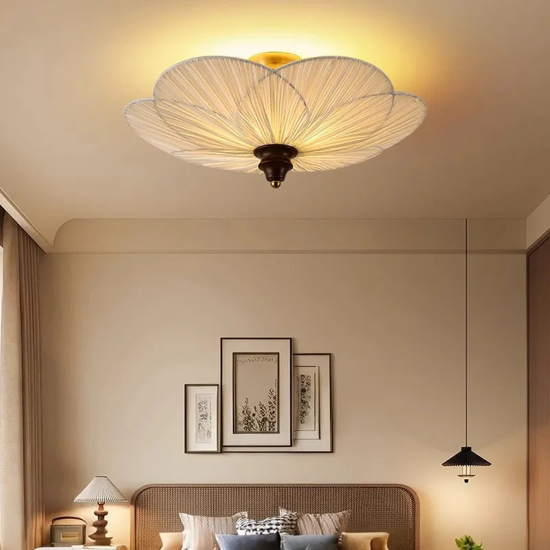 French Medieval Ceiling Lamp Cloth Lampshade Bedroom Plum Blossom Ceiling Lamp Wood American Retro Living Room Cloakroom Lamps