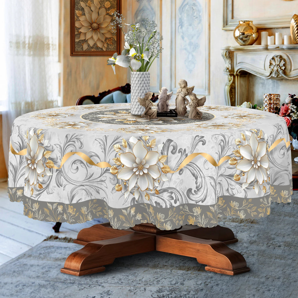 Elegant Floral-Themed Printed Tablecloth, High-Quality White and Gold Pattern, Embossed Edges, Durable, Waterproof, Oil-Proof, Stain-Resistant, Wrinkle-Resistant, Non-Fading, Machine Washable, Reusable, Perfect Gift for Famil