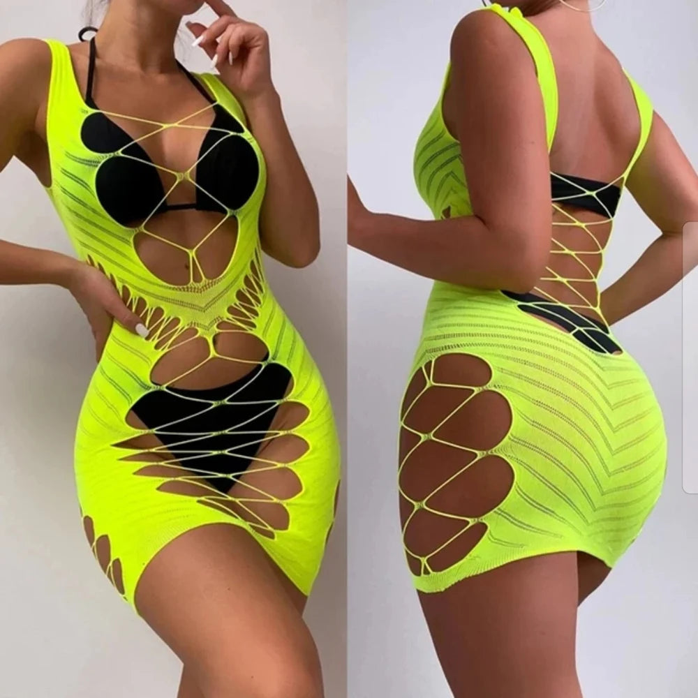 Women Sexy Dress Bikini Cover Bodysuits Transparent Deep V Neck See Through Body Stockings Mesh Swimsuit Lingerie Mini Skirts
