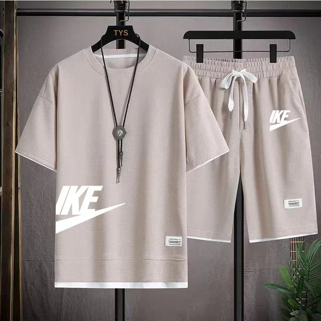 Summer fashion short-sleeved T-shirt + sports shorts set, men's casual jogging and fitness sportswear breathable two-piece set