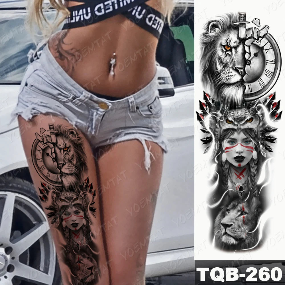 Large Arm Sleeve Tattoo Gun Rose Lion Waterproof Temporary Tattoo Sticker Clock Flower Waist Leg Body Art Full Fake Tatoo Women