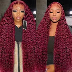 13X4 Lace Frontal Wig For Black Women Deep Wave 99J Burgundy Color Synthetic Preplucked Baby Hair Soft Hair Cosplay Daily Party