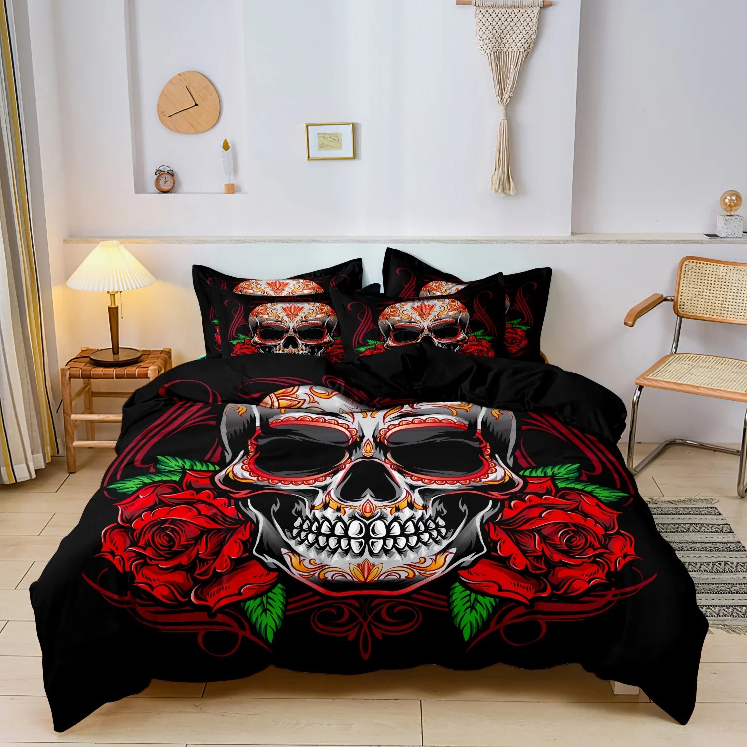 3Pcs Gothic Mexican Sugar Skull Woman Duvet Cover Bedding Set Floral & Skull Patterns - Ideal For Day Of The Dead Celebrations