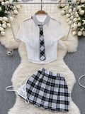 SINGREINY Plaid JK Uniform Erotic Suits Lingerie Female Short Sleeve Blouses+Pleated Skirts Suits Women Cosplay Sheer Sexy Sets