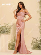 Findthat Off Shoulder Spaghetti Straps Satin Bridesmaid Dresses Elegant Zipper Back Evening Gown Wedding Guests Dress Customized
