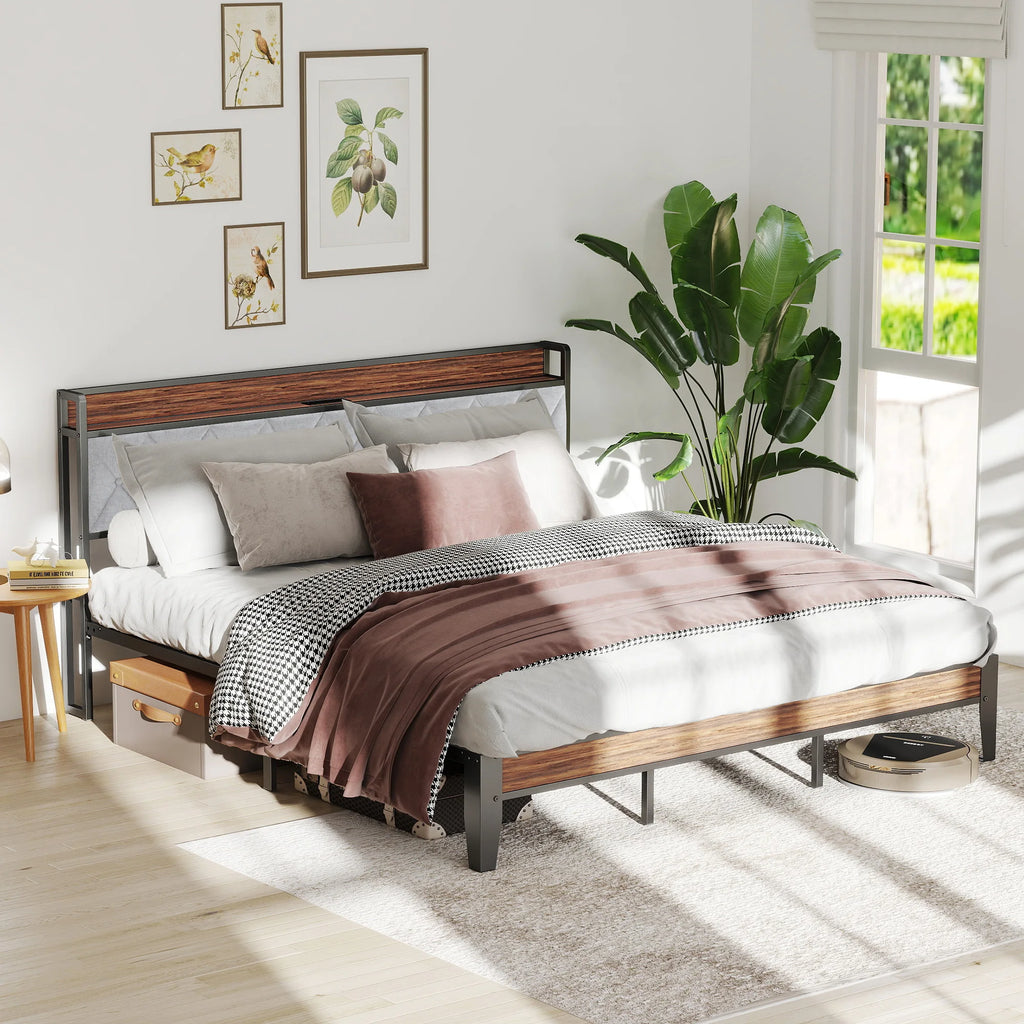 JHK King Size Soft Pack Heavy Duty Metal Bed Frame with Headboard Charging Station 1100lbs Capacity Easy Assembly For Bedroom