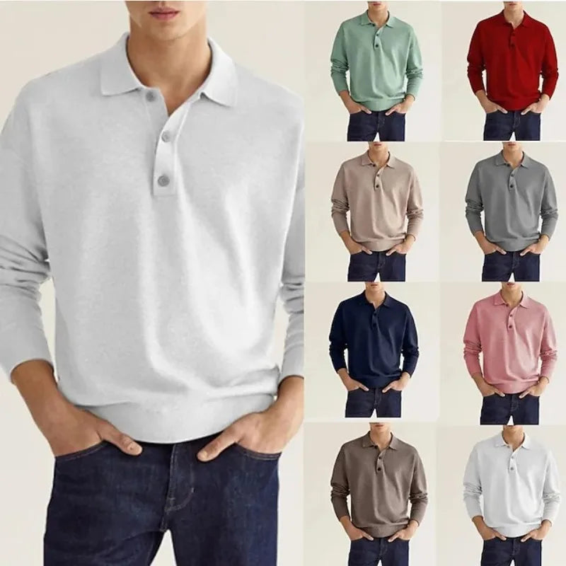 Men Long Sleeve Polo Shirt V Neck Button Up Casual Autumn Basic Solid Color Knitwear Tops For Men