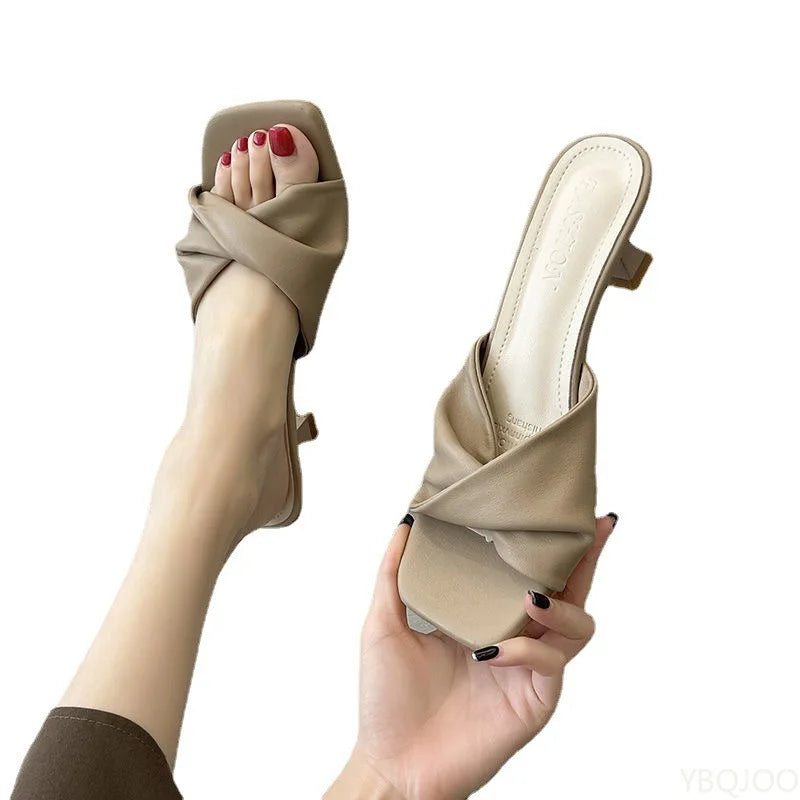 Summer new minimalist high-heeled sandals fashionable versatile casual wear square toe comfortable semi slippers