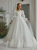 Elegant Tiered Flower Girl Dresses For Wedding Short Sleeves Tulle Glitter Sequined Appliques First Communion Ball Prom Gowns