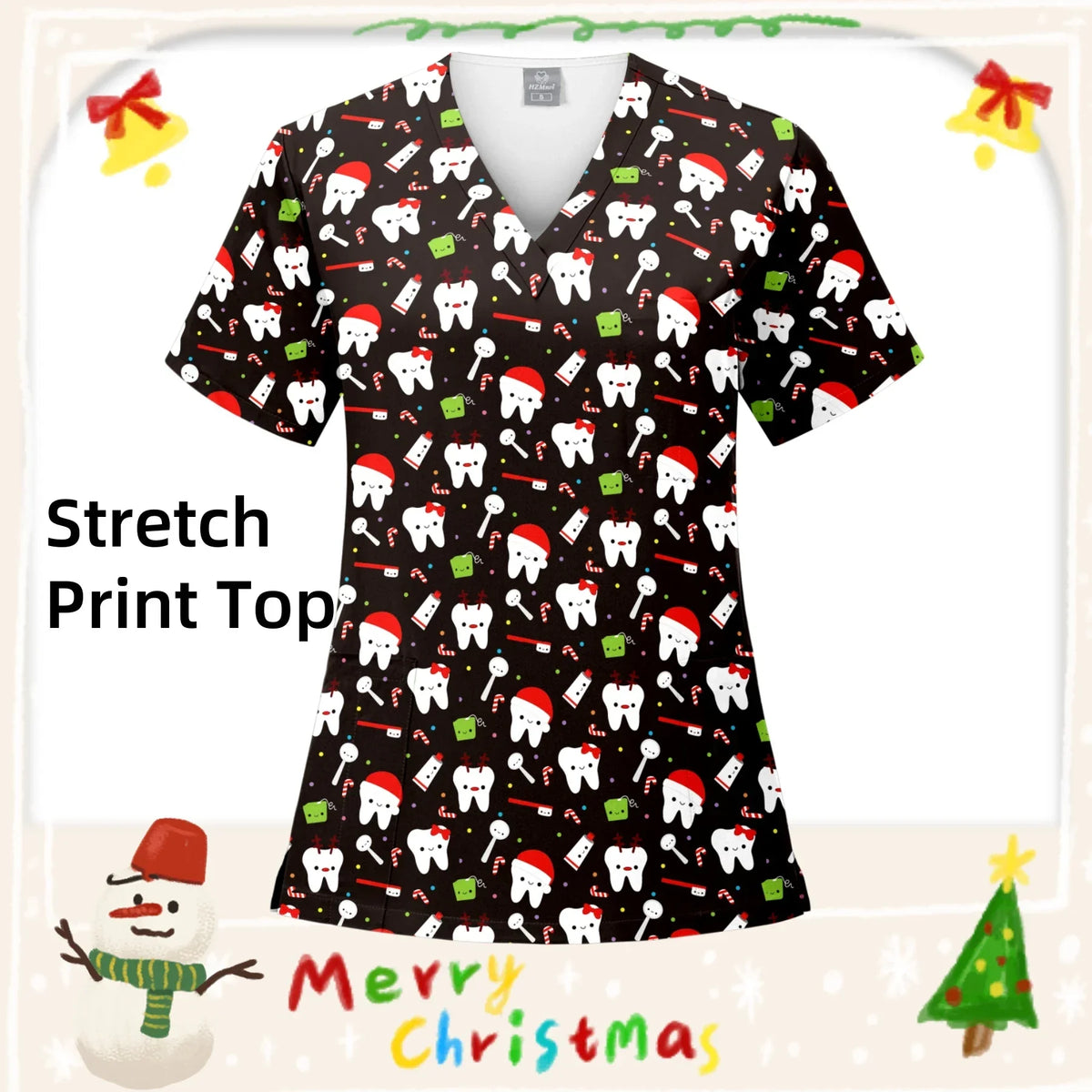 Christmas Print Surgery Top Women with Pocket V-Neck Scrub Uniform Spa Caring T-Shirt Pet Grooming Surgical Nurse Scrubs Uniform