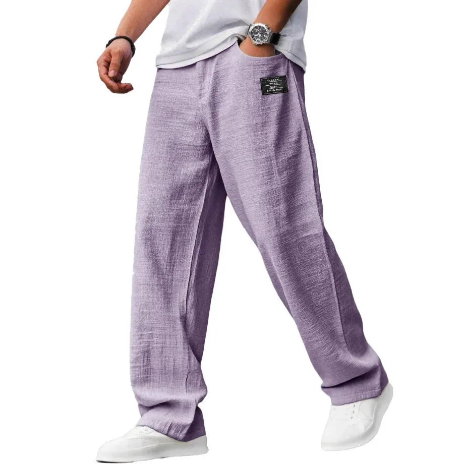 2026 Men Casual Linen Pants Solid Color Elastic Waist Loose Trousers Male Summer Breathable Lightweight Streetwear Joggers Pants